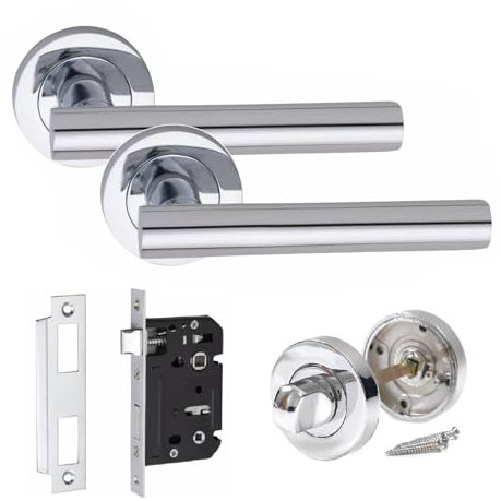Golden Grace Straight T-Bar Bathroom Door Handle Set Thumbturn and Mortise Lock Polished Chrome