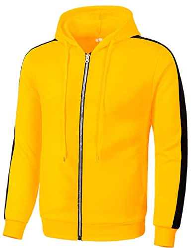 Felpa da uomo con cappuccio e cerniera, in pile, a blocchi di colore, a maniche lunghe, casual, con coulisse, per sport all'aria aperta, cardigan con tasche, Giallo, 3XL