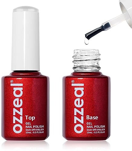 Ozzeal Gel Top Coat and Base Coat Set, 2 Pcs 15ml No Wipe Shine Finish Top Coat And Gel Base Soak Off UV Led Clear Top Coat Long Lasting Glossy Nail Art Design Manicure For Women