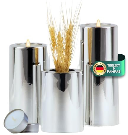 DecoValeira - 3er Set Dauerkerze (Ø 6,9 cm, H 9, 12, 15 cm) - Teelichthalter, Kerzenhalter in Kerzenoptik, Windlicht für handelsübliche Teelichter-Deko Kerzen, Tischdeko, Wohnzimmer Deko (Chrome)