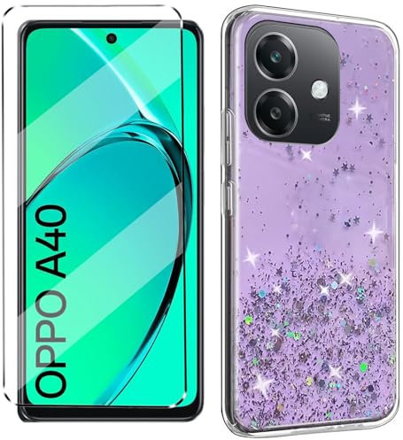Funda Glitter Bling con Cristal Templado 1Pcs Protectora Capa Compatible with OPPO A40 / OPPO A40M Antigolpes Fundas Carcasa Silicona Funda de Móvil Cristal antirotura Morado