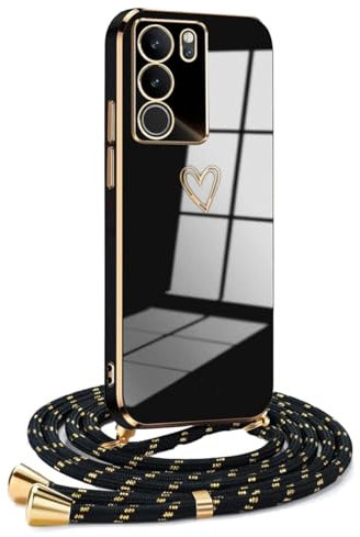 YAMCCCSE Frauen Mädchen Handykette für Vivo V29 5G - Silikon Hülle mit Band - Handyhülle für Vivo V29 5G Herz Love Design Galvanik - Hülle mit Kordel in schwarzes