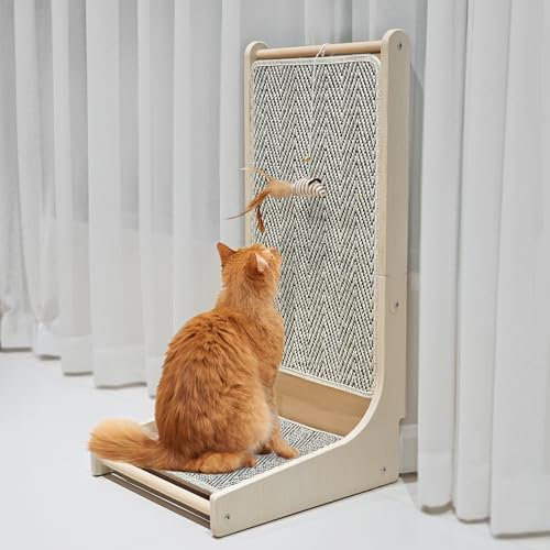 PETKARAY Griffoir pour Chat, Tapis à gratter en sisal, Planche en Forme de L pour Chats d'intérieur, griffoir fixé au Sol avec Jouet Souris et Herbe à Chat