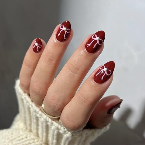 Valentine False Nails Almond, SXVE Dark Red Press On Nails Short With Bow Desgin, Bowknot Charms Full Cover Fake Nails Press ons Valentine Glue On Nails Stick on Nails For Women 24 Pcs