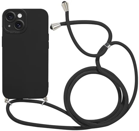 Phoona Crossbody Lanyard Case for iPhone 15 6,1 with Strap, Necklace Mobile Phone Cover with Adjustable Neck Strap, Ultra Soft Silicone Shockproof Protective Case with Neck Cord-Black