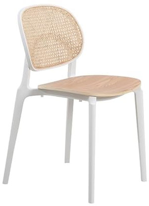 Kosmi Weißer Stuhl, Sitzfläche aus Holz und Naturgeflecht