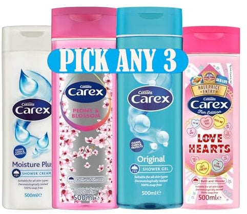 Cussons Carex Shower Gel & Bath Set – Pick Any 3 – Moisture Plus, Peony & Blossom, Original, Love Hearts – 500ml Each – Dermatologically Tested, 100% Soap-Free