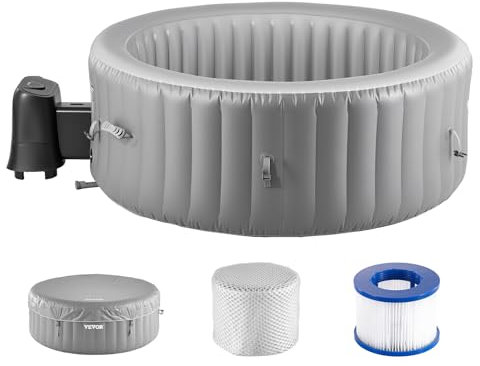 VEVOR Jacuzzi Inflable 4 a 6 Personas, Redondo, Portátil, para Exteriores, 2080 x 660 mm, con 130 Chorros Relajantes, Filtro, Cubierta y Tapete, Panel de Control Multifunción, PVC, Gris, 1000 L