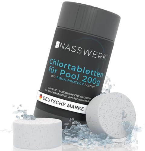 NASSWERK Langzeit Chlortabletten für Pool 200g (1kg bis 10kg) | Chlortabs 200g langsamlöslich zur Langzeitpflege | Große Pool Reinigungstabletten Langzeittabletten zur Desinfektion & Pflege | Pooltabs
