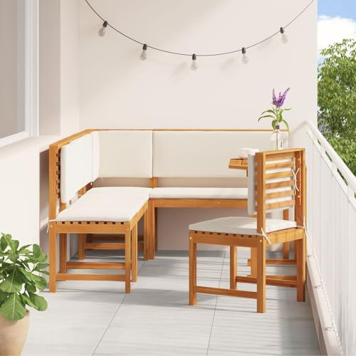 IKAYAA 6-TLG Eckbank mit Tisch und Stühle - Eckbankgruppe für Esszimmer, Sitzecke, Essecke, Balkonmöbel Set Akazienholz, Lounge Set Balkon, Gartenmöbel Sitzgruppe mit Kissen, Cremeweiß