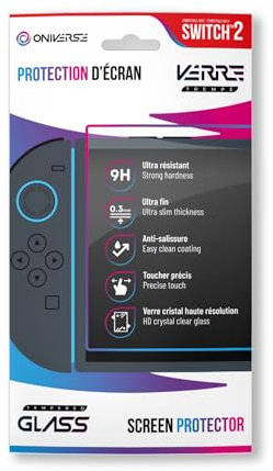 Oniverse Verre trempé pour Switch 2 - Protection écran verre trempé 9H, Ultra-Fin, Résistant aux traces et à la transpiration, compatible avec Nintendo Switch 2 - Kit de Nettoyage Inclus