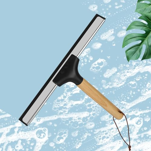 Raclette de douche 25 cm - Poignée en bois - En acier inoxydable - Pour porte en verre, douche avec support - Pour salle de bain, fenêtre, miroir, vitre de voiture (noir et blanc)