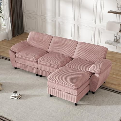 PUGSDRLY Canape Angle 3 Places,Velours côtelé,Canapé modulable avec Double Coussin,Tabouret Mobile,Loisirs et Moderne (Rose)
