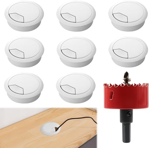 Menibeuty 8 Pièces Passe Cable Bureau,avec Scie Cloche 50mm Oeillet de Bureauavec Passe-Câble pour Ordinateur Cache-câble pour Câble Rond Organiseur de Fil pour la Maison et Le Bureau (Blanc)