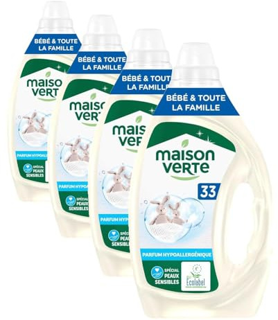 Maison Verte, Sensitive, Lessive liquide, Famille & Bébé, Lessive Détachante, Parfum hypoallergenique, Efficace des 20°C, Special peaux sensibles, Sans conservateurs, Avec 5 enzymes actives,33 lavages
