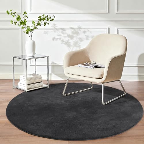 iEvery Teppich Rund 120 - Waschbarer Kuscheliger Kurzflor Teppich, Weich & Pflegeleicht Moderner Carpet rutschfest für Schlafzimmer Wohnzimmer Bettvorleger & Kinderzimmer Deko, Anthrazit