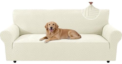 CYCMACO Stretch Sofaüberzug Universal 3 Sitzer, Beige | Sofabezug Rutschfest Mit Armlehnen, Moderne Kratzfester Sofa Cover, Durable, Waschbare Sofaüberzug Für Wohnzimmer