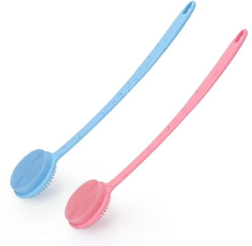 Juego de 2 cepillos de espalda de silicona con mango largo, exfoliante corporal, cepillo de ducha para espalda, silicona, cepillo de baño, cepillo de masaje, cuerpo, mujeres, hombres, rosa y azul