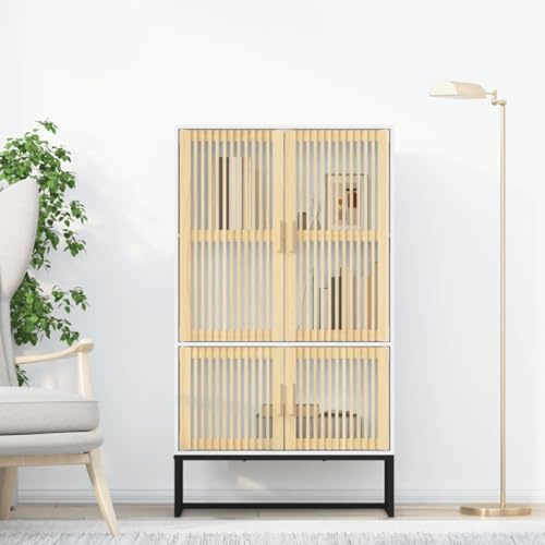 Yisssmeng Highboard Weiß 70x35x125 cm modernes Aufbewahrungsschrank mit massiven Kieferntüren, Stahlbeinen, platzsparend für Küche, Flur, Schlafzimmer