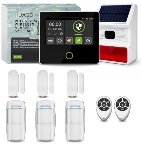 HUXGO® Alarmanlage Funk Set WLAN + GSM 4G | Alarm Kit mit Funk Solar Alarmirene 3X PIR-Sensoren, 3X Tür- & Fenstersensoren | DIY-Montage, ideal für Haus, Wohnmobil, Garage | Modell HXA502