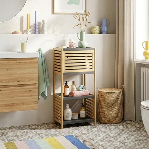 [en.casa] Badregal Kydesby Badezimmerschrank schmal Badschrank mit 1 Tür Nischenregal 83 x 39 x 30 cm Standregal 2 offene Fächer Bambus Badezimmerregal Natur/Grau