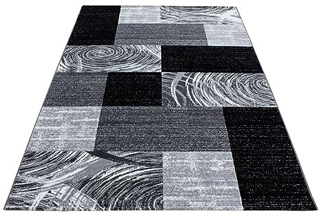KADIMA DESIGN Kurzflorteppich Abstraktes Karomuster Pflegeleicht Waschbar Strapazierfähig Schwarz 80x150 cm Wohnzimmer Schlafzimmer Fußbodenheizung geeignet Schadstoffgeprüft Oeko-TEX | DRAU