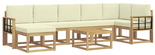 vidaXL Outdoor-Sofagarnitur mit Kissen 8 pcs Weiß und Creme Polyester, Modernes Garten-Sofa-Set, Flexible Sitzgelegenheiten, Akazienholz, Lounge für Poolbereich, schnell zusammengebaut