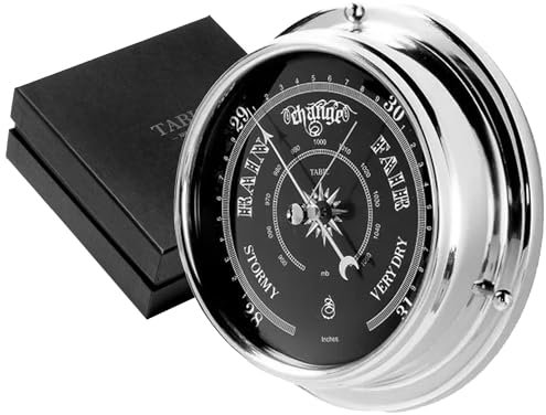 Tabic Prestige Traditional Barometer in Chrome with a Jet Black mirrored aluminium Dial, Heavy Brass Case (1/2kg) Electroplated with Chromium, Handmade In England