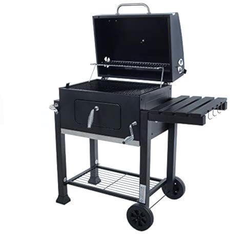Azuma Rhino BBQ Charcoal Barbecue BBQ Grill Grey Steel Portable With Wheels, Hanging Hooks & Bottle Opener For Garden Patio Outdoor Summer Party Food Cooking Grilling For Family Friends At Summertime