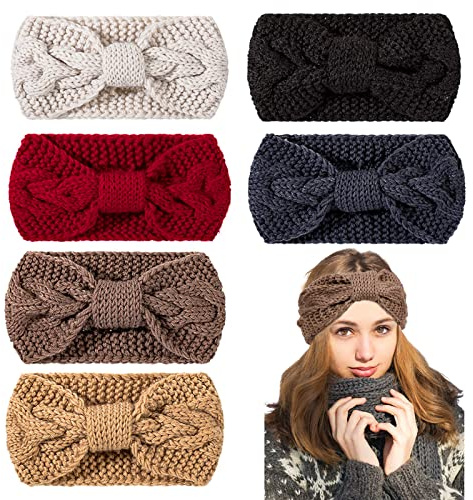 Whaline 6 Pieces Knit Headbands Winter Ear Warmers, Twisted Elastic Turban Head Wraps with Bow Knot, Hair Band Accessories, Hair Scrunchies Scarves for Women Girls (Yellow Grey Colors)