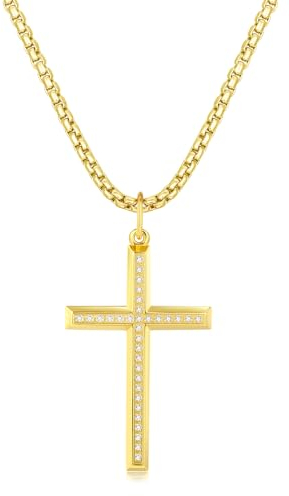 FANCIME 925 Sterling Silber Gelb Vergoldet Kreuz Anhänger mit Rundschliff Funkelnde Zirkonia Halskette mit Edelstahl Kette für Herren Jungs Kinder - Kettenlänge: 60 cm