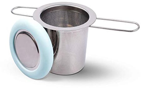 Fenshine Tea Infuser Stainless Steel Tea Strainer Folding Handle Tea Filter Extra Fine Mesh Strainer Brewing Basket with Lid for Loose Leaf Tea (Light Blue)