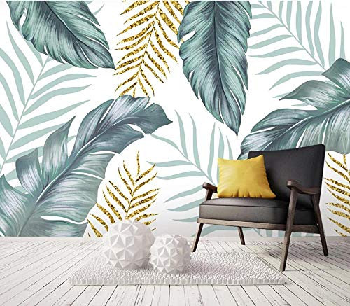 Papier Peint intissé Feuilles Vertes Dorées Papier Peint Fresque Intissé 3D Papier Peint Panoramique Nature Peinture Murale Chambre Salon 150x105cm
