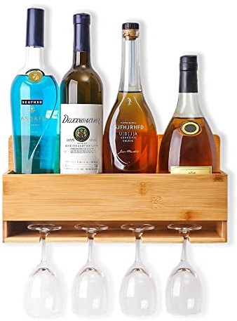 EXPPAZA Wall Mounted Wine Rack & Glass Holder, Bamboo Wine Bottle Holder Holds 4 Wine And 4 Stemware Glasses, Home Kitchen Wall Storage And Public Bar Shelves, Fully Assembled