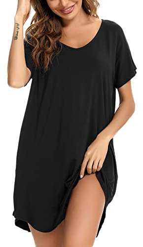 Aseniza Chemise de Nuit Femme Chemises de Nuit Coton Robe de Nuit Grande Taille à Manches Courtes Vêtements de Nuit avec Poches Robe Tee Shirt De Nuit Ample Confortable Maison Beach Noir1 XXL