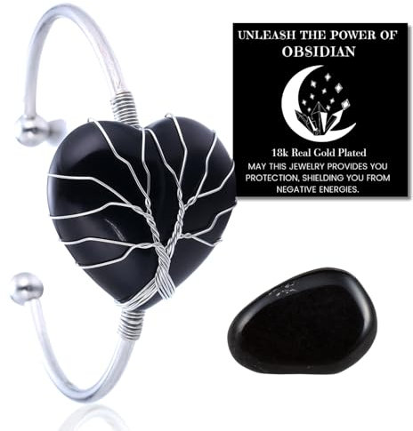 HALUKAKAH Bracciale in Cristallo di Pietra Naturale - LUNA AMORE - Filo Avvolgente Albero della Vita Placcato in Platino Fatto a Mano,Ciondolo in Forma di Cuore in Ossidiana Misura Regolabile