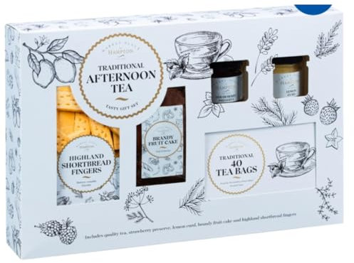 Teatime Christmas Hamper - Afternoon Tea and Biscuits Hamper 867g - Tea gift set with Shortbread Biscuits, 40 Tea bags, Brandy Fruit cake and Jam Preserve - Christmas Food Hamper for Men Women Couples