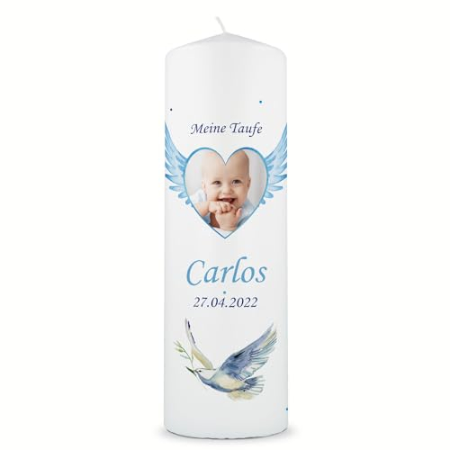 GRAVURZEILE Bedruckte Kerze - Flügelherz - Baby Fotokerze zur Taufe - Taufkerze mit eigenem Foto - Personalisiert mit Namen, Datum & Bild - Hochwertige Stumpenkerze 250/80 mm - Farbe: Blau