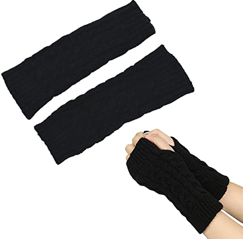 Fingerlose Gestrickt Handschuhe, Winter Armstulpen Armhandschuhe Mit Daumenloch Zum Tippen Fahren - Fäustlinge Winterhandschuhe Schwarz