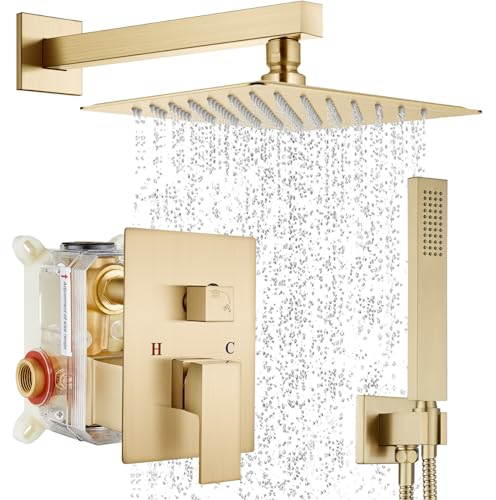 Midanya Regenduschsystem, gebürstetes Gold, Wandhalterung, Hochdruck, quadratisch, 25,4 cm, Regenduschkopf, Duscharmatur, komplettes Set mit Handbrause, rauem Ventilkörper und Verkleidung im