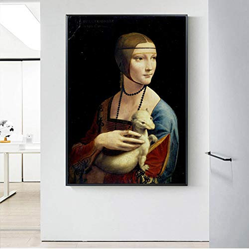 Die Dame mit einem Hermelin Leinwand berühmt Leinwand Druck Wandbild, Gemälde Wand von Leonardo Da Vinci Poster Kunst und Drucke Wanddekoration 42 x 60 cm rahmenlos