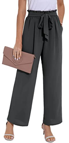 PrinStory Damenhose Mit Weitem Bein Hoch Taillierte Lounge-Hose Mit Taschen Leichte Verstellbare Krawattenknoten Lose Hose (Dunkelgrau, M)