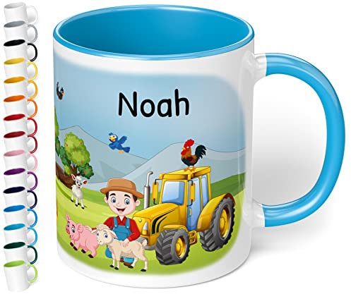 Tasse mit Namen für Kinder „Bauernhof“ – Kindertasse für Jungen & Mädchen personalisiert – Keramiktasse mit Bauernhoftieren & Traktor Kinderbecher – Geschenk zum Kindergartenstart (Hellblau)