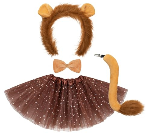 4 Pcs Lion Costume Set Animal Ears Headband Tail Bowtie Tutu Skirt for Girls Kids Halloween Cosplay Party Dress Up