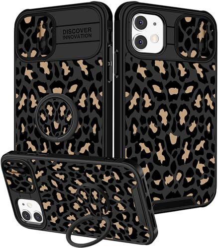 Pegmode (2in1 for iPhone 11 Case for Women Girls Cool Cute Teens Phone Cases Black Animal Design with Slide Camera Cover+Ring Holder Unique Fashion Cool for Apple iPhone 11 Cover 6.1 inch