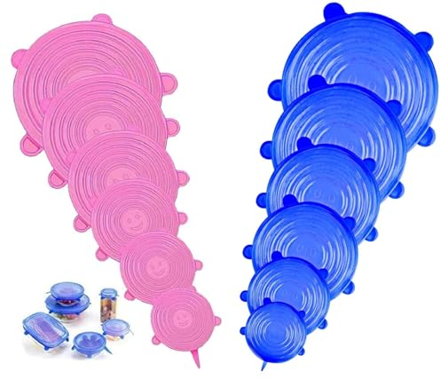 Silikondeckel, 12 Stück Stretch Silikondeckel Dehnbar für Dosen, 6 Verschiedenen Größen Wiederverwendbar Silikon Deckel für Schüsseln, Becher, Dosen, Obst