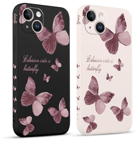Pnakqil 2 Piezas Funda para iPhone 14 Plus 6,7, Lindo Púrpura Mariposa Dibujos Fundas Estética TPU Ultrafina Proteger Caso con Cámara Suave Carcasa Silicona Protección Cover