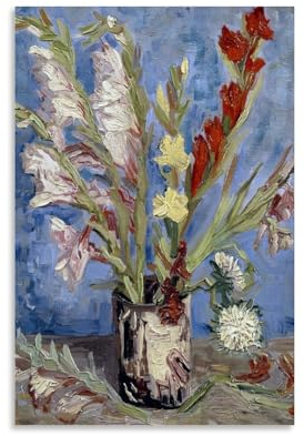 Postervase mit Gladiolen und Astern, Motiv: Gladiolen und chinesische Astern, gemalt von Vincent Van Gog, Leinwanddruck, Kunstposter, ungerahmt, 20 x 30 cm