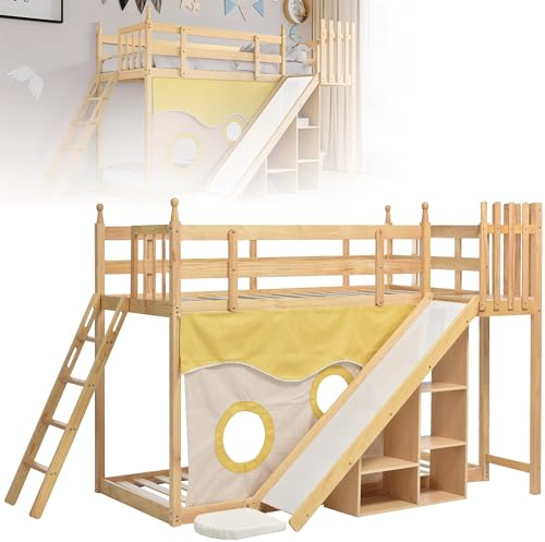 RCBDBSM Letto a Castello con Scala portaoggetti e Scivolo, Letto per Bambini con ringhiera, con Tenda, Scivolo e ripiano, Adatto per Bambini, Ragazzi, 90x200 cm, con Contenitore, Naturale
