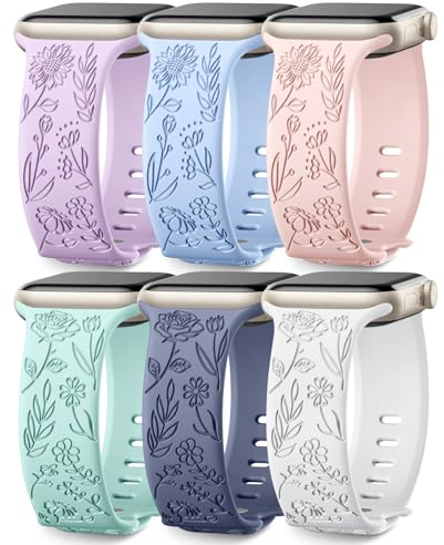 Wepro 6 Stück Floral Silikon Armband Kompatibel mit Apple Watch Armband 40mm 41mm 38mm 42mm Damen, Weiches Silikon Niedliches Muster Sport Armband für iWatch Armband Series 10 9 8 7 6 5 4 SE, Set B
